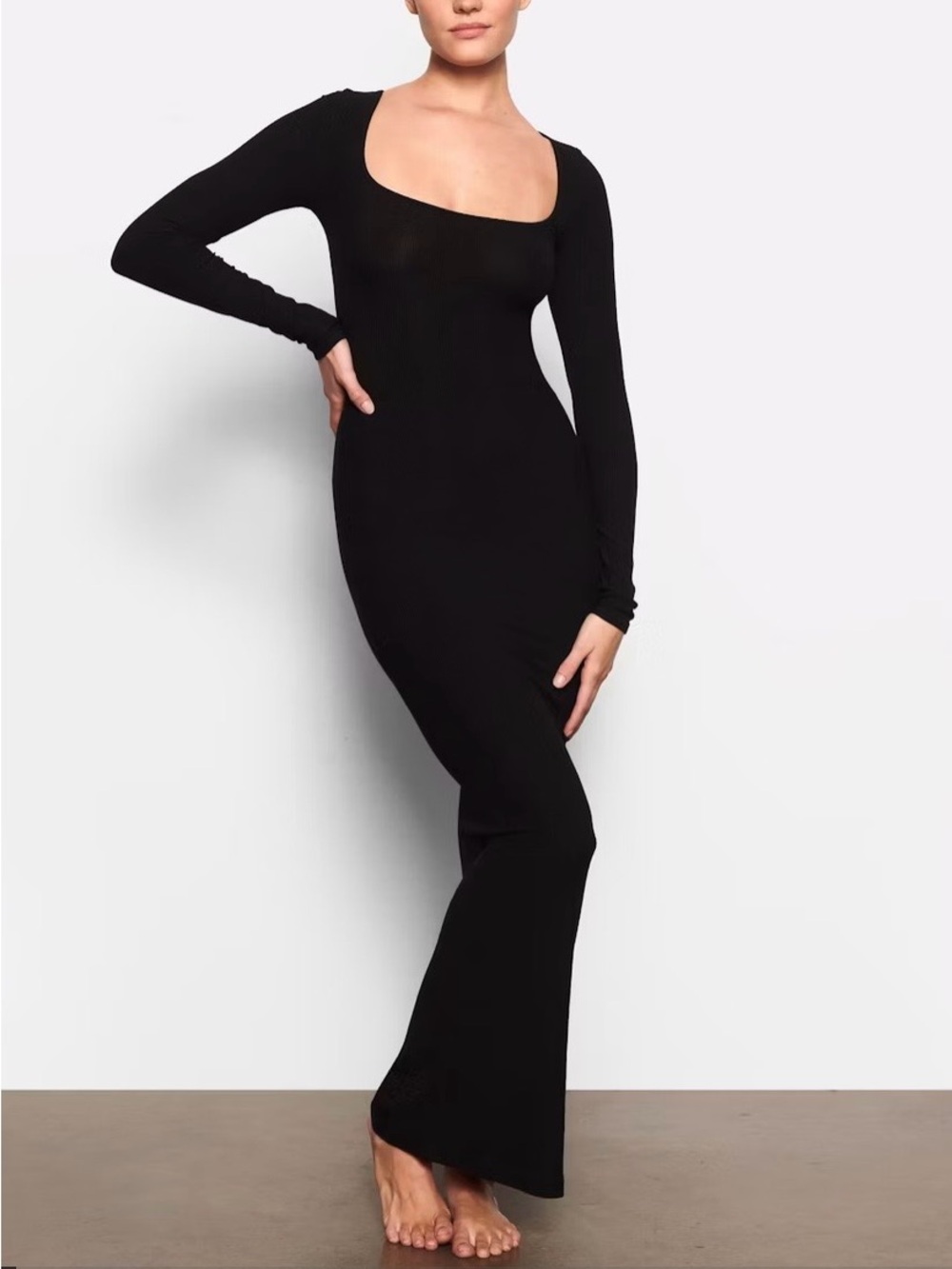 NWT SKIMS Soft Lounge Rib Long Sleeve Dress Onyx XL